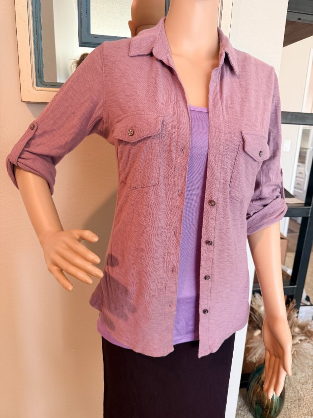 Purple Contrast Ribbed Surplus Shirt - Picture 9 of 16